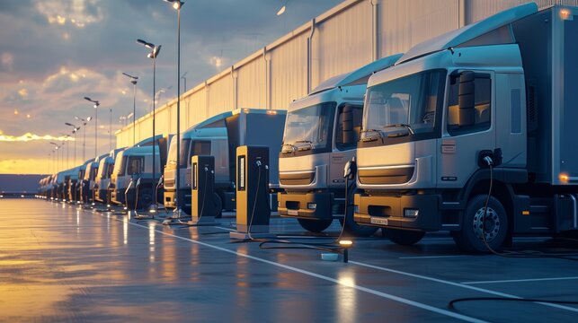 Company electric cars fleet charging on fast charger station at logistic centre. Cargo transport delivery utility vehicles semi truck, van, business recharging renewable solar wind electricity energy