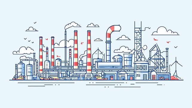 Concept of industrial plant and manufacture building. Energy and Power icons set. Energy generation and heavy industry. Modern brochure, report or cover design template. Thin lines style