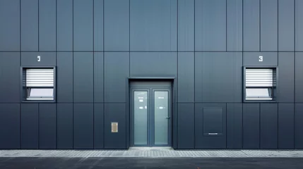 Fotobehang Details of gray facade made of aluminum panels with doors and windows on industrial building © Orxan