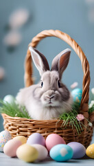 Cute gray rabbit sitting in a wicker basket with colorful Easter eggs on a blue background. Easter concept.