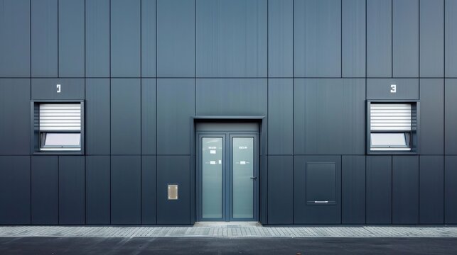 Details of gray facade made of aluminum panels with doors and windows on industrial building