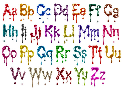 Colorful glossy large and small latin letters with dripping drops drawn with paint on a white background