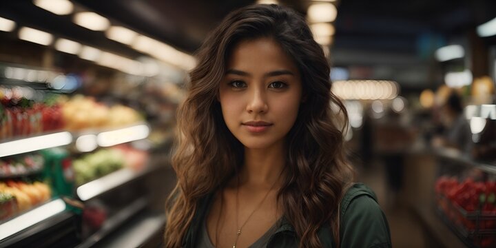 A bustling supermarket scene captured in stunning 8K detail. A friendly cashier, name tag gleaming, welcomes customers with a warm smile as they approach the checkout counter.