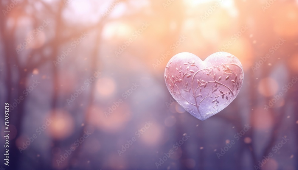 Poster a heart shaped object in the middle of a forest. generative ai.