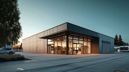 Exterior of a modern warehouse with a small office unit