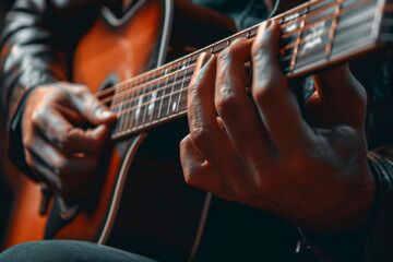 Guitarist male hands playing the guitar. Classical concert, performance rehearsal, show. Banner with copy space.