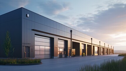 Exterior of a modern warehouse with a small office unit - obrazy, fototapety, plakaty