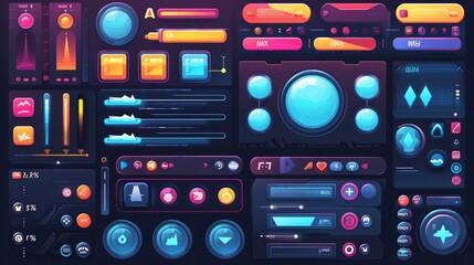 Game design interface with glossy buttons and panels. Vector cartoon set of ui elements different colors, circle buttons with icons, bars, sliders, arrows and login frame