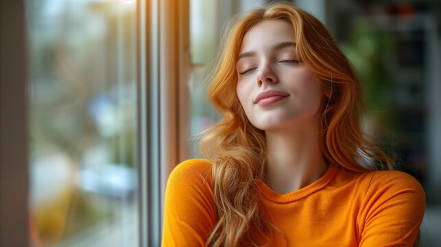 Serene woman enjoying sunlight by the window in a cozy setting