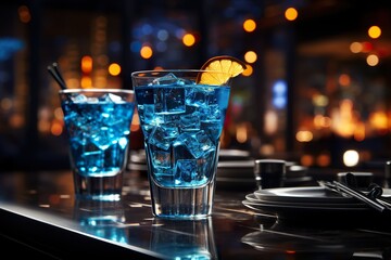 minimalistic design Closeup of a delicious refreshing blue cocktail on a bar counter, - obrazy, fototapety, plakaty
