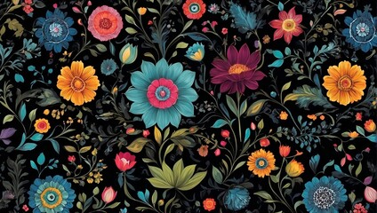 Fototapeta na wymiar pattern colorful flowers in black background for design.