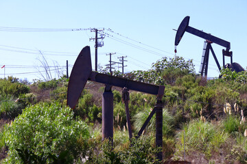Fototapeta na wymiar The Inglewood Oil Field pumpjack located in the Baldwin Hills, Los Angeles, California