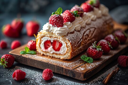 minimalistic design Delicious cake roll with strawberries and cream on wooden board, closeup, the extreme right third of an image,