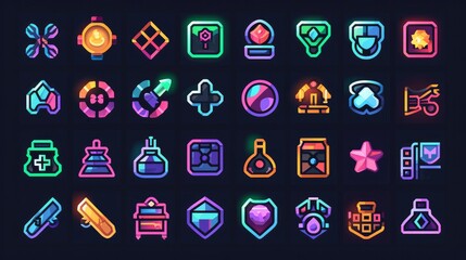 Game icon set. Gaming icon elements containing points and life bars, console, player, chess, multiplayer, casino and mobile game icons. Solid icon collection - obrazy, fototapety, plakaty