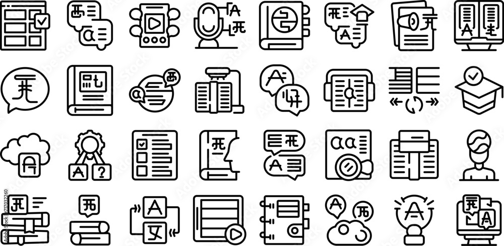 Poster learning new language icons set outline vector. education book. study learn
