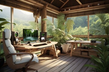 Working space in a wooden house with mountain view.