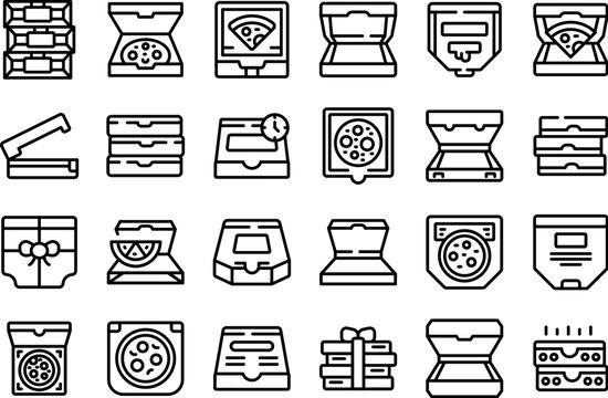 Cardboard pizza box icons set outline vector. Open food carton. Closed pack
