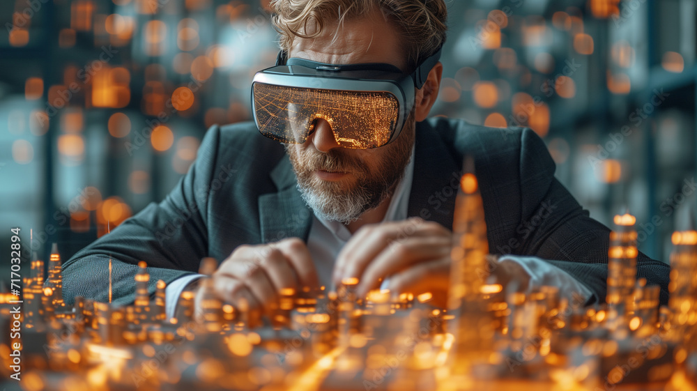 Poster businessman wearing virtual reality goggles. businessman using vr to design or interact with a 3d mo
