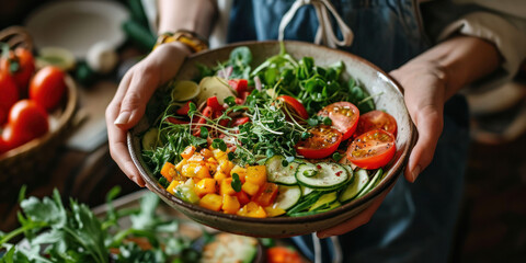Woman holding a colorful vegetable salad in a bowl. - obrazy, fototapety, plakaty