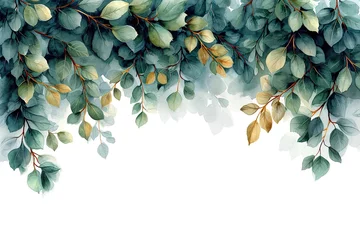 Fotobehang minimalistic design Watercolor seamless border - illustration with green gold leaves and branches © Dipankar