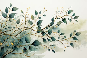 Fotobehang minimalistic design Watercolor seamless border - illustration with green gold leaves and branches © Dipankar