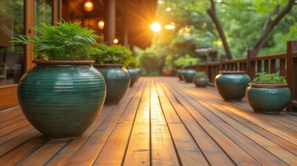 Tranquil sunset on wooden deck with ceramic plant pots and lush greenery