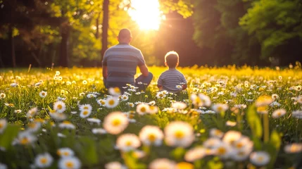 Schilderijen op glas Father and son enjoying a peaceful sunset in a daisy field © OKAN