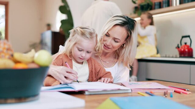 Mother, girl kid and book for writing, reading and learning for development with care, love and bonding. Mom, child and support for teaching, support or drawing on notebook in kitchen at family house