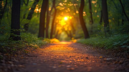 Fototapeta premium Sunset glow on a forest path, peaceful nature scene with warm light
