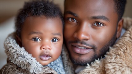 Loving father holding adorable baby with warm eye contact - obrazy, fototapety, plakaty