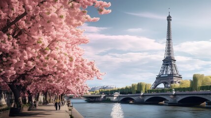 Parisian spring: Eiffel Tower graces the Seine with a blossoming tree.