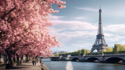 Obraz premium Parisian spring: Eiffel Tower graces the Seine with a blossoming tree.