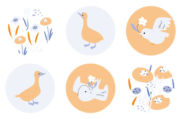 Happy Spring round stickers in vector. Cute and funny goose, birds,and flowers , graphic holiday elements . Spring character set for banners, posters, stickers, cards