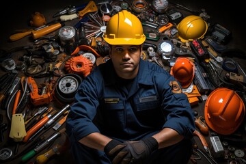 Fototapeta premium Worker in uniform with hard hat surrounded by an array of tools
