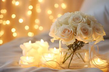 Obraz premium A dreamy composition showcasing the elegance of soft white roses and the enchanting glow of fairy lights in a cozy setting Generative Ai,