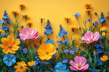 Cute field flowers background, bright colors.
