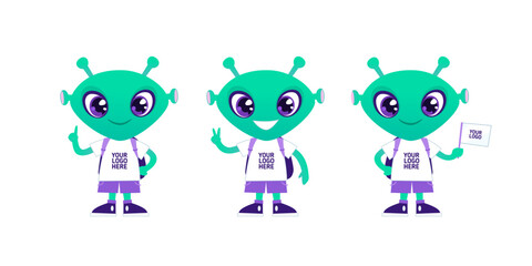 Obraz premium Cute Alien Pupil Character Mascot. Funny Cartoon Alien character mascot student or student for knowledge design, science, learning. Pupil branding character with logo place