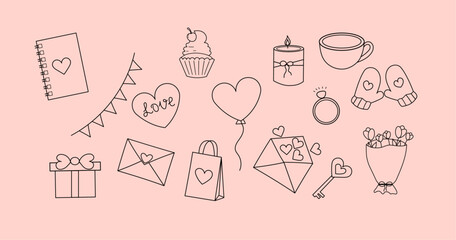 Valentine's day doodle set. Desserts and decors collection, line art. Set of Gifts, cup, cupcake, bouquet, candle, love letters, key, diary, balloon, diamond ring. Vector illustration. 