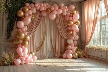 pink with golden curtain birthday stage with baloons frames,