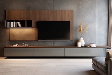 Cabinets and a wall for TV in a living room against a modern living room decor background with cabinet shelf, epitomizing luxury and style