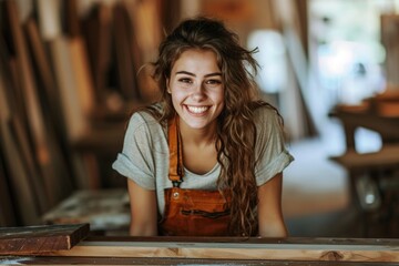 Smiling young woman working in carpentry shop - obrazy, fototapety, plakaty