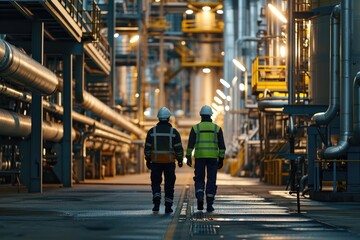Fototapeta premium Industrial workers walking in a chemical plant with pipelines and safety helmets