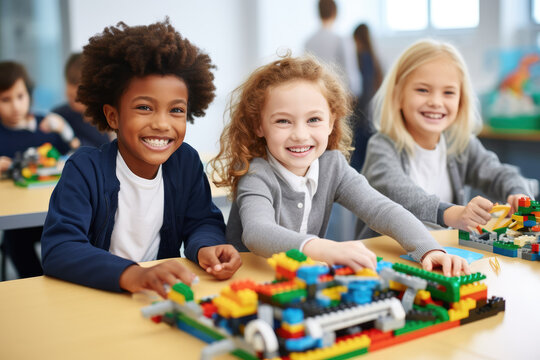 Diverse group of students studying in school classroom.Schoolchild Kids construct with blocks, learning technology basic. Robotic lesson for children. Educational hobby for multi-ethnic children