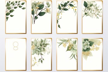 Pre made templates collection, frame - cards with gold and green leaf branches. Wedding ornament concept