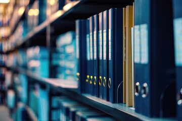 Colorful file binders on office shelves