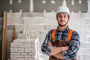 Obraz premium Young male tile installer in new home