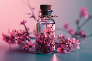 Obraz na płótnie Canvas Pink flowers floating in liquid inside a glass bottle on a pink and gray background. Concepts: beauty industry, perfumery, cosmetology, spa, alternative medicine, interior design
