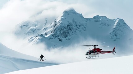 Heliski helicopter takes off in snow powder freeride landed on mountain.