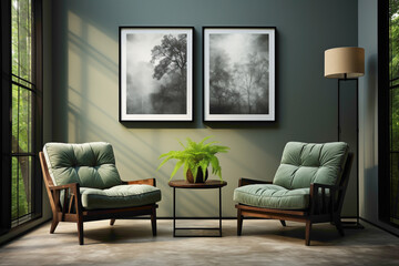 Step into a room adorned with two chairs in a harmonious blend of green and charcoal grey, set against a blank wall. 