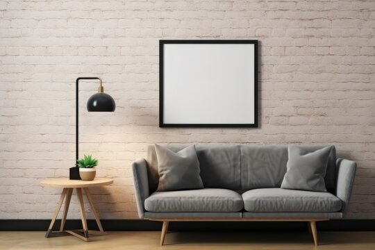 Interior of modern living room with mock up poster frame on brick wall